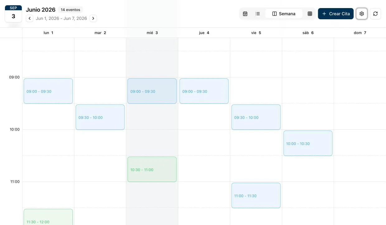 Real weekly schedule from the software, with a week of appointments laid out by hour and day