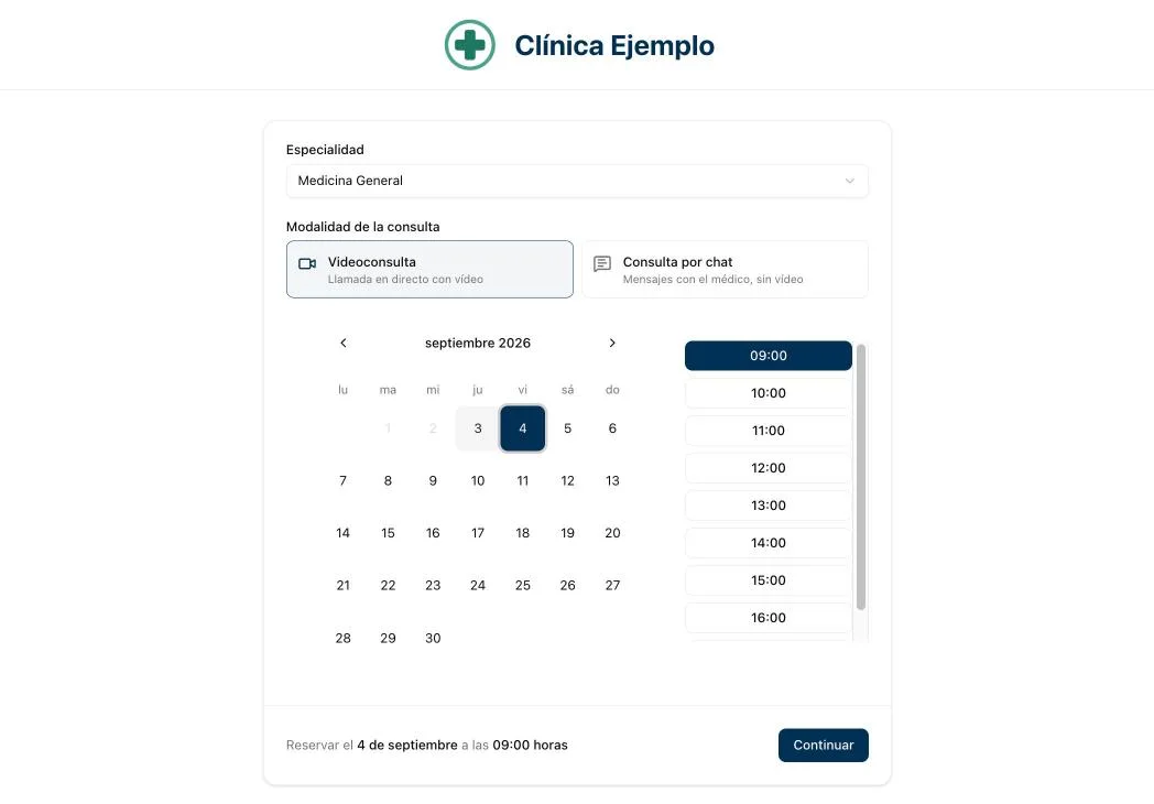 Public booking page: the clinic with its own logo and name, specialty, consultation modality, month calendar and slots to choose from